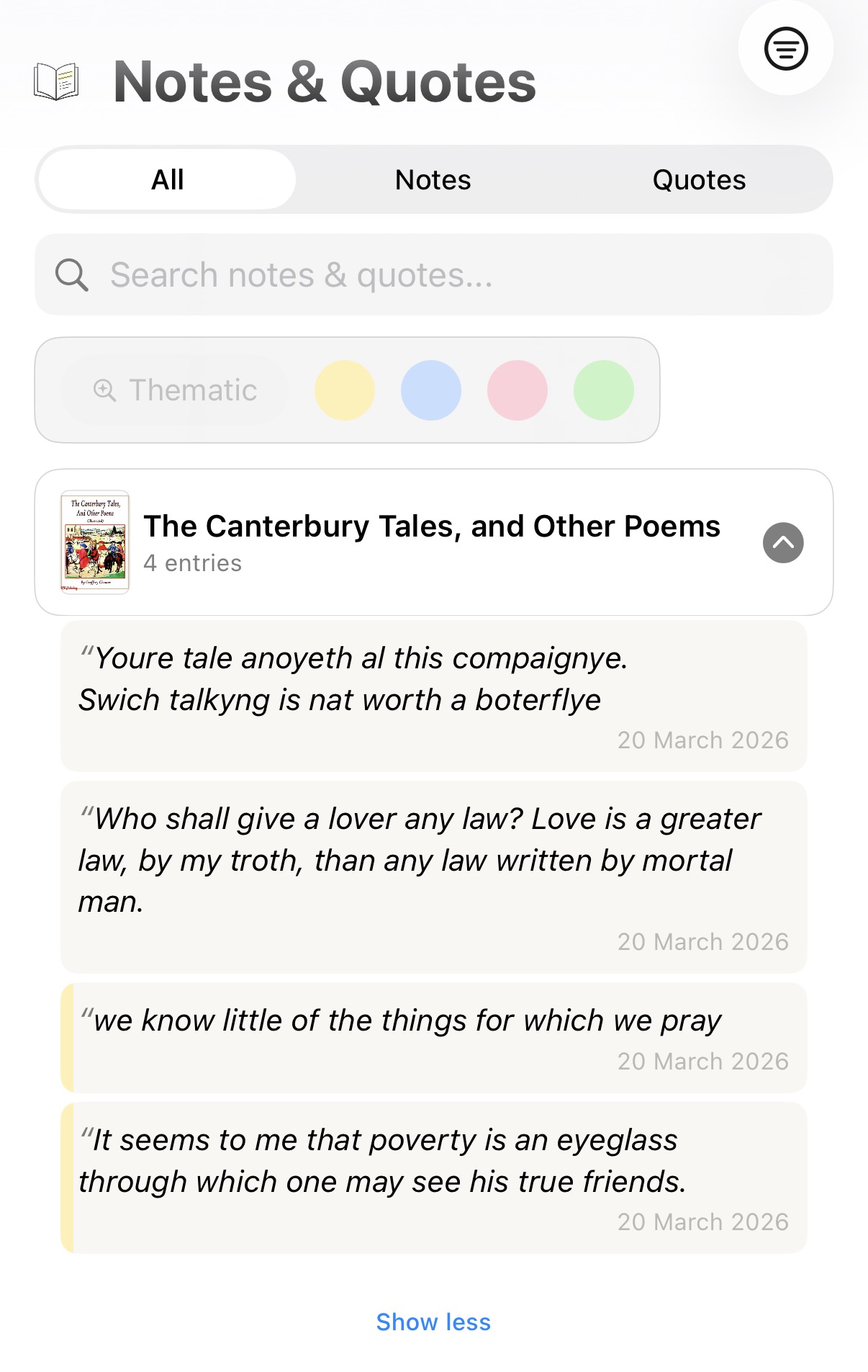 Chaucer quotes from The Canterbury Tales in Lectr's Notes and Quotes view