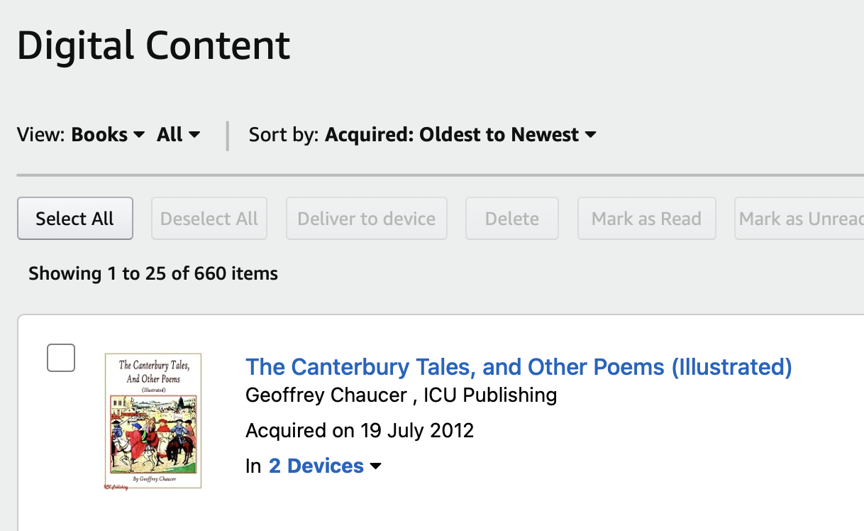 My oldest Kindle ebook: The Canterbury Tales by Geoffrey Chaucer, acquired 19 July 2012