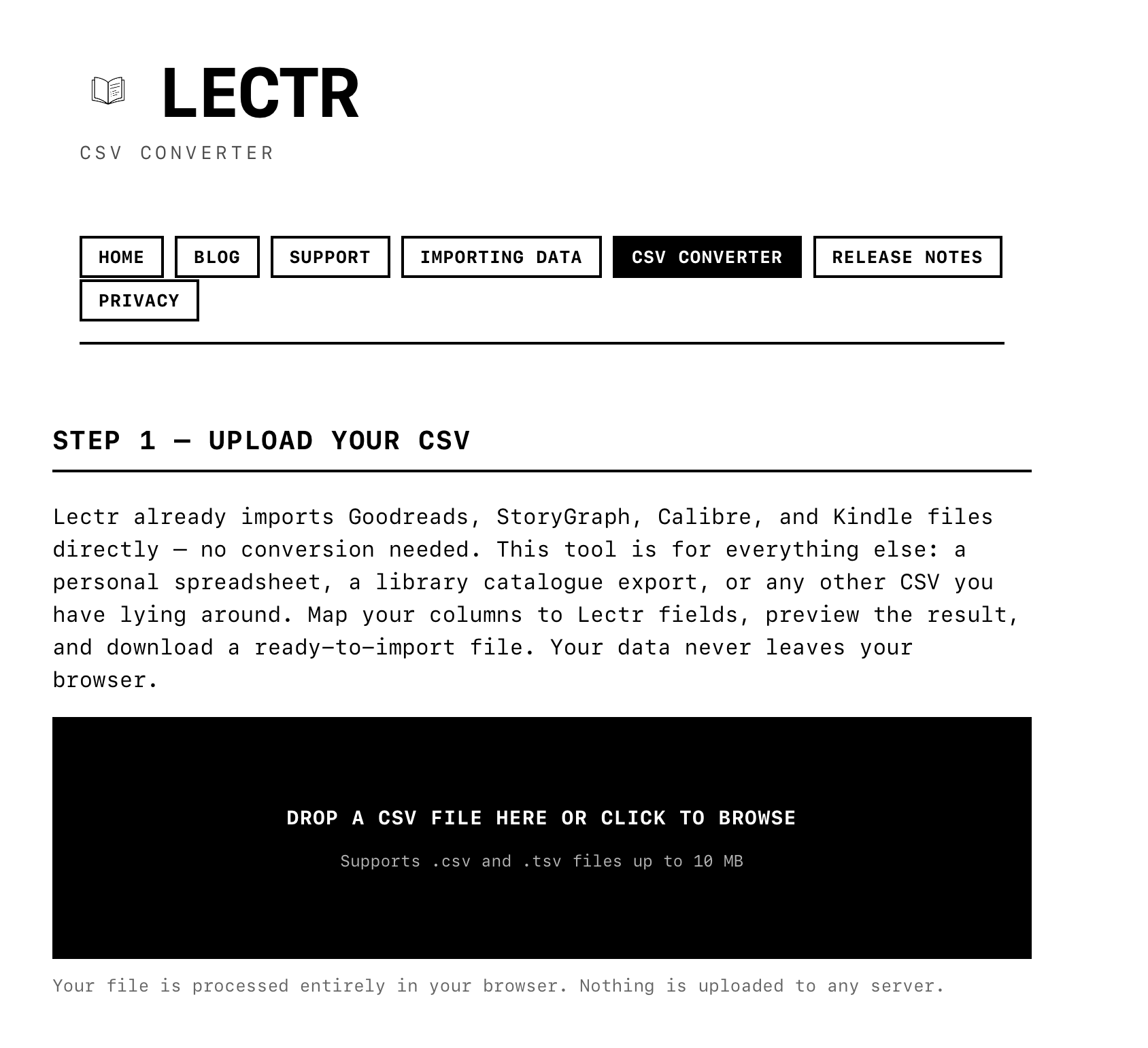 The Lectr CSV converter web tool: drop any CSV file and map columns to Lectr fields