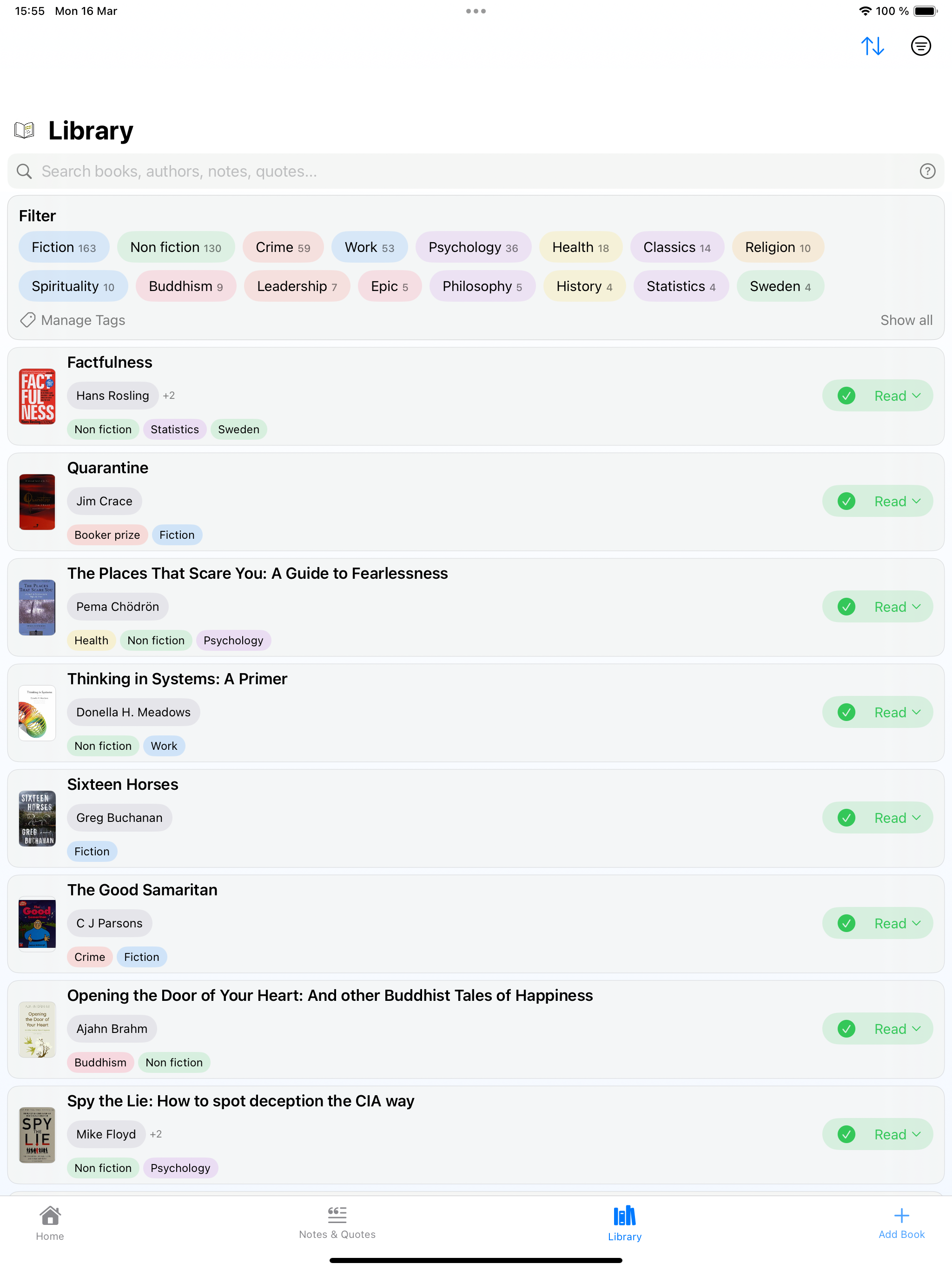Library view showing tag filters and book list