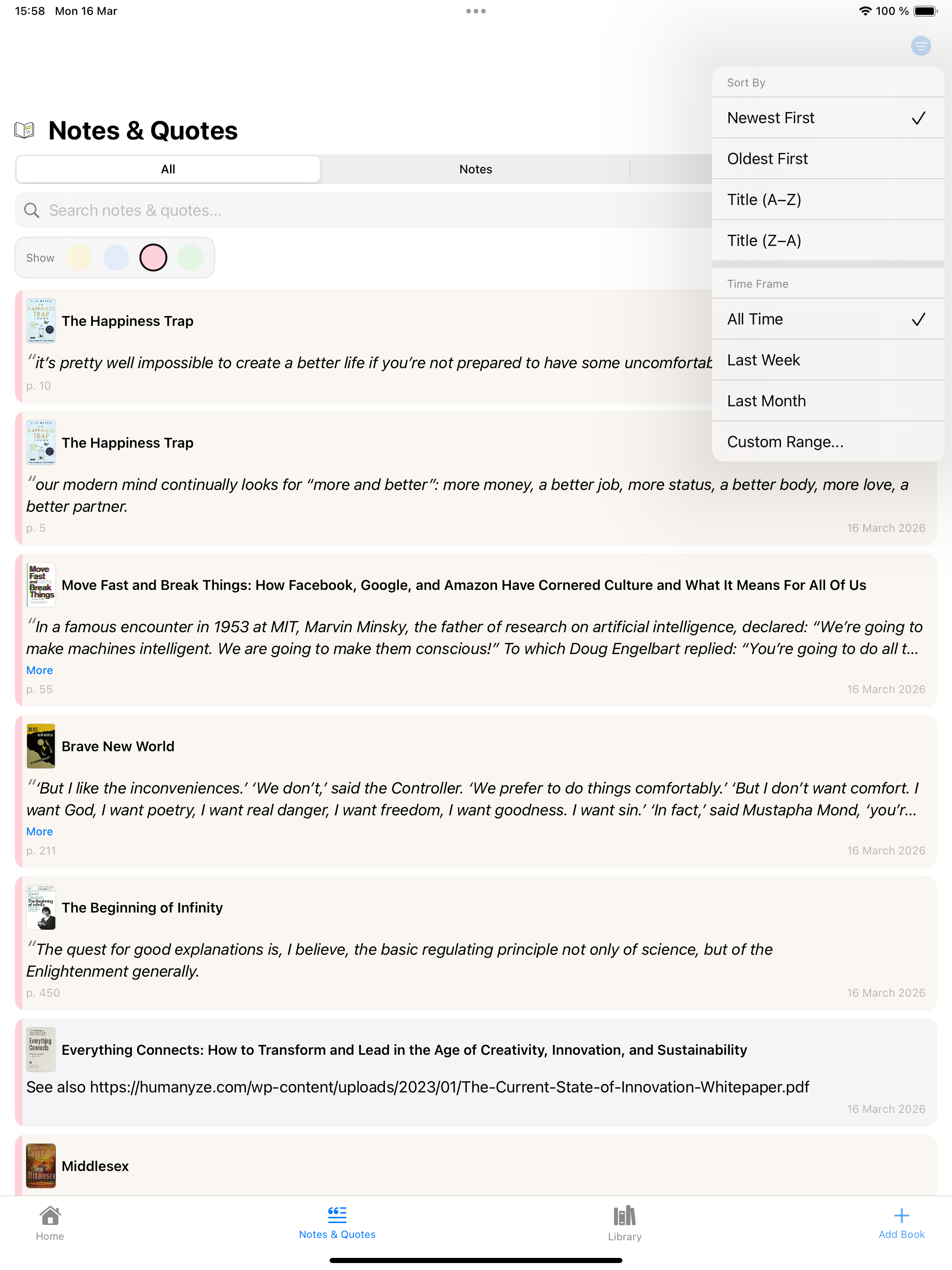 Notes and Quotes view with sort and filter options