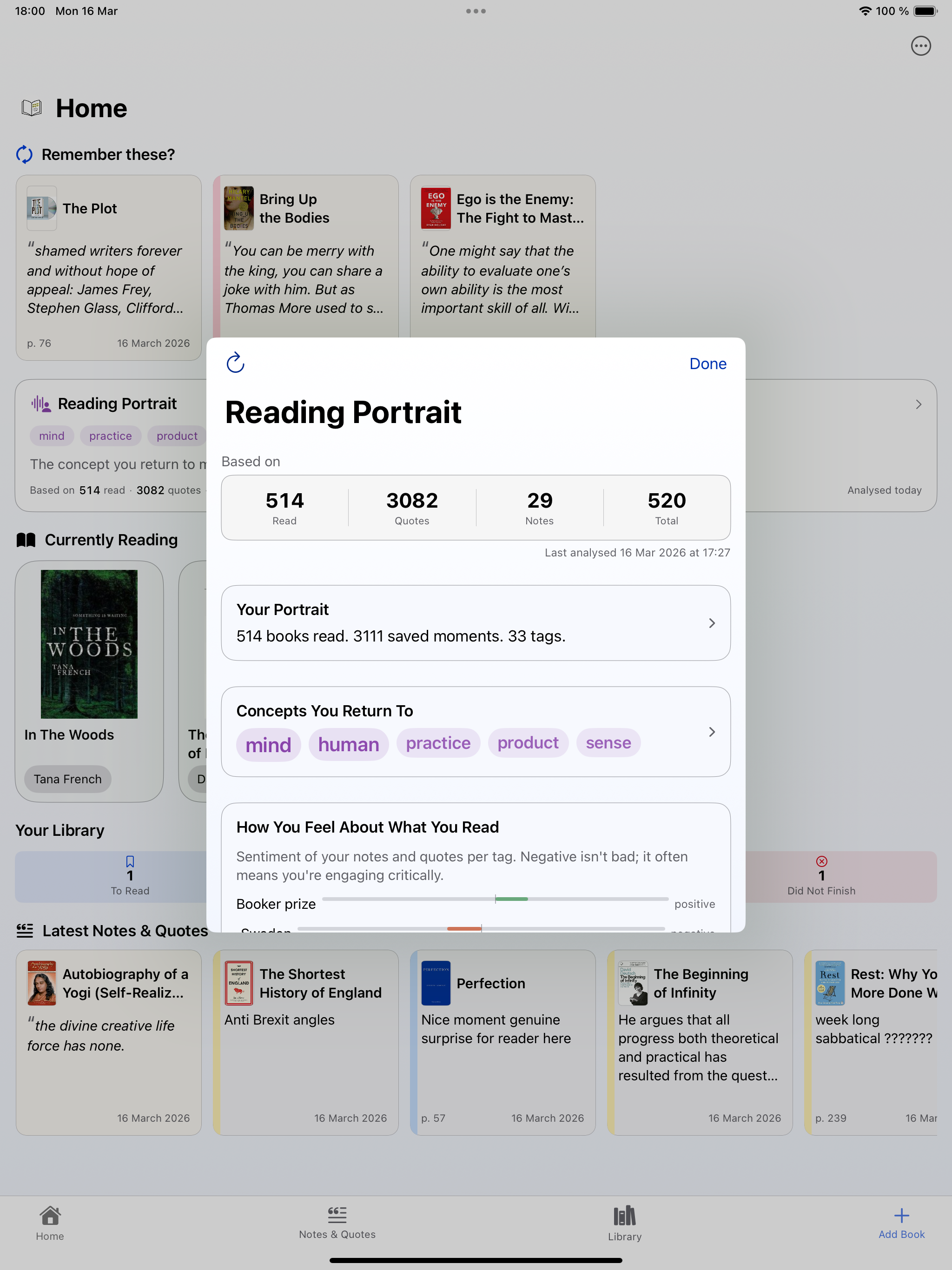 Reading Portrait showing reading stats and narrative analysis