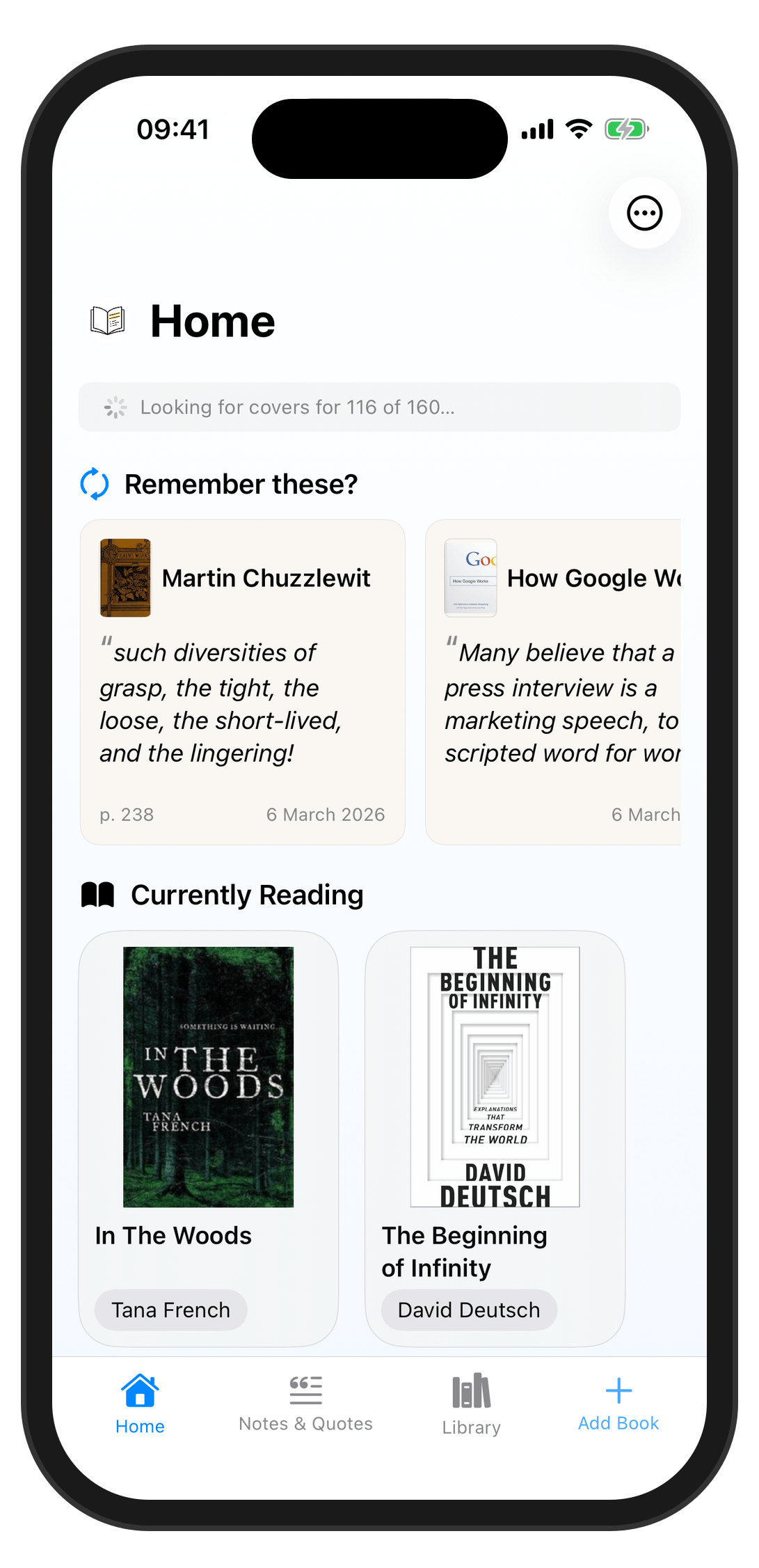 Lectr home screen showing currently reading books and saved quotes