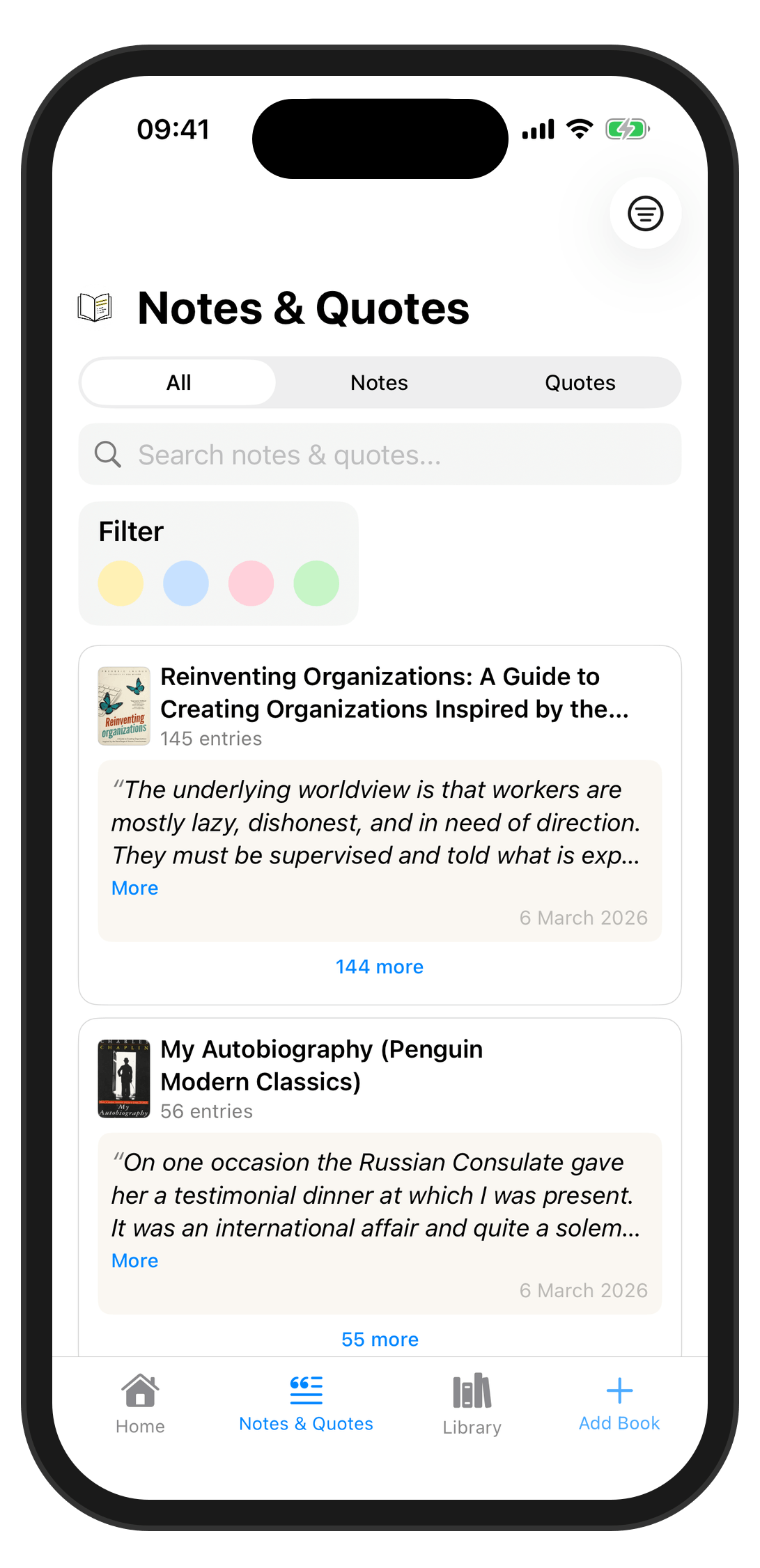 Notes and quotes with colour filters and grouped piles