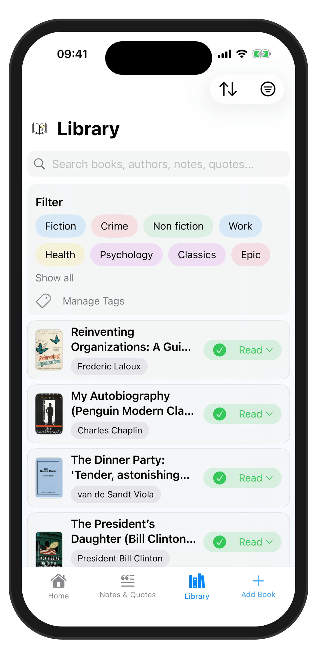 Library with tag filters and book list