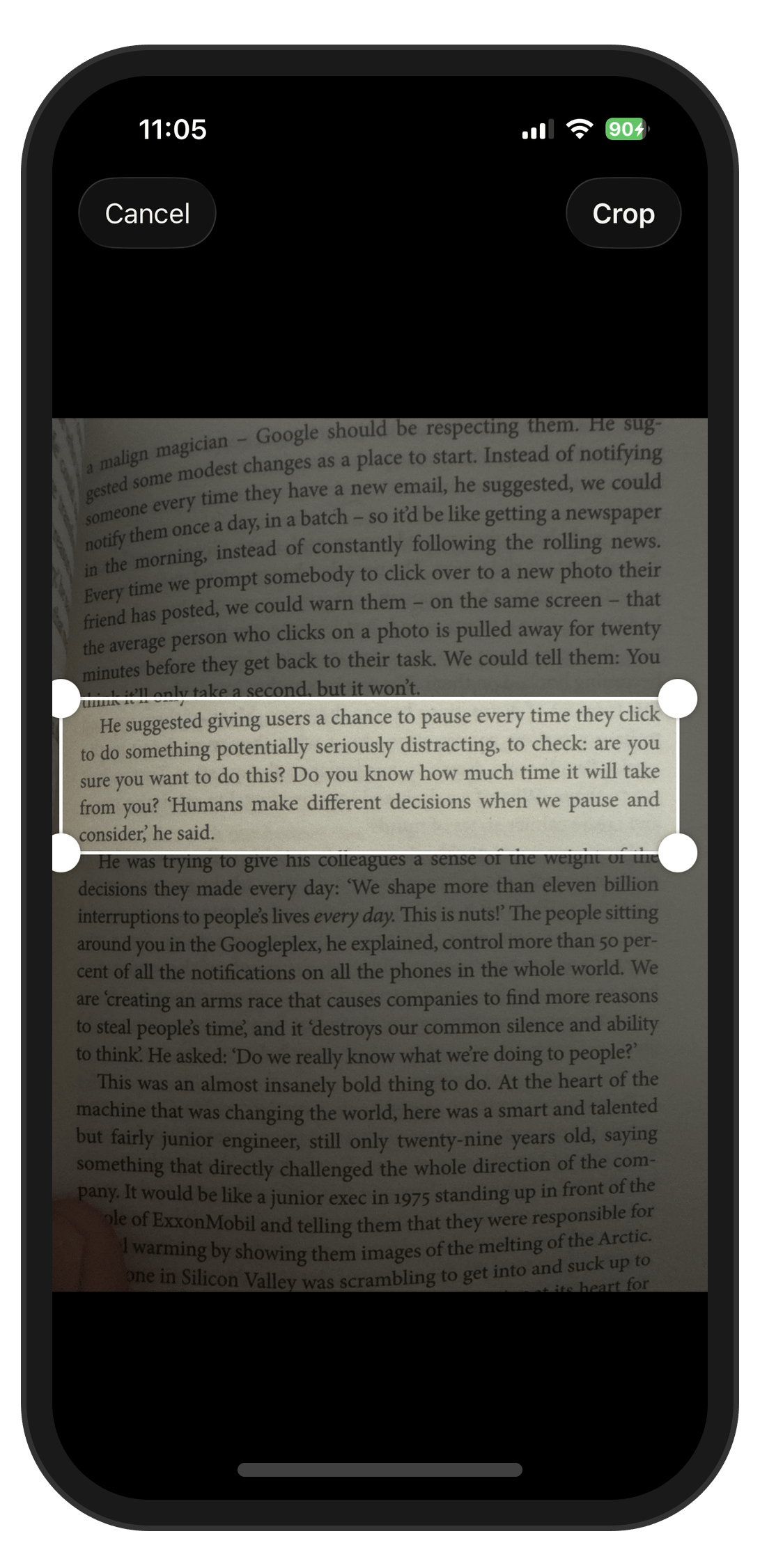 OCR camera crop for capturing text from pages